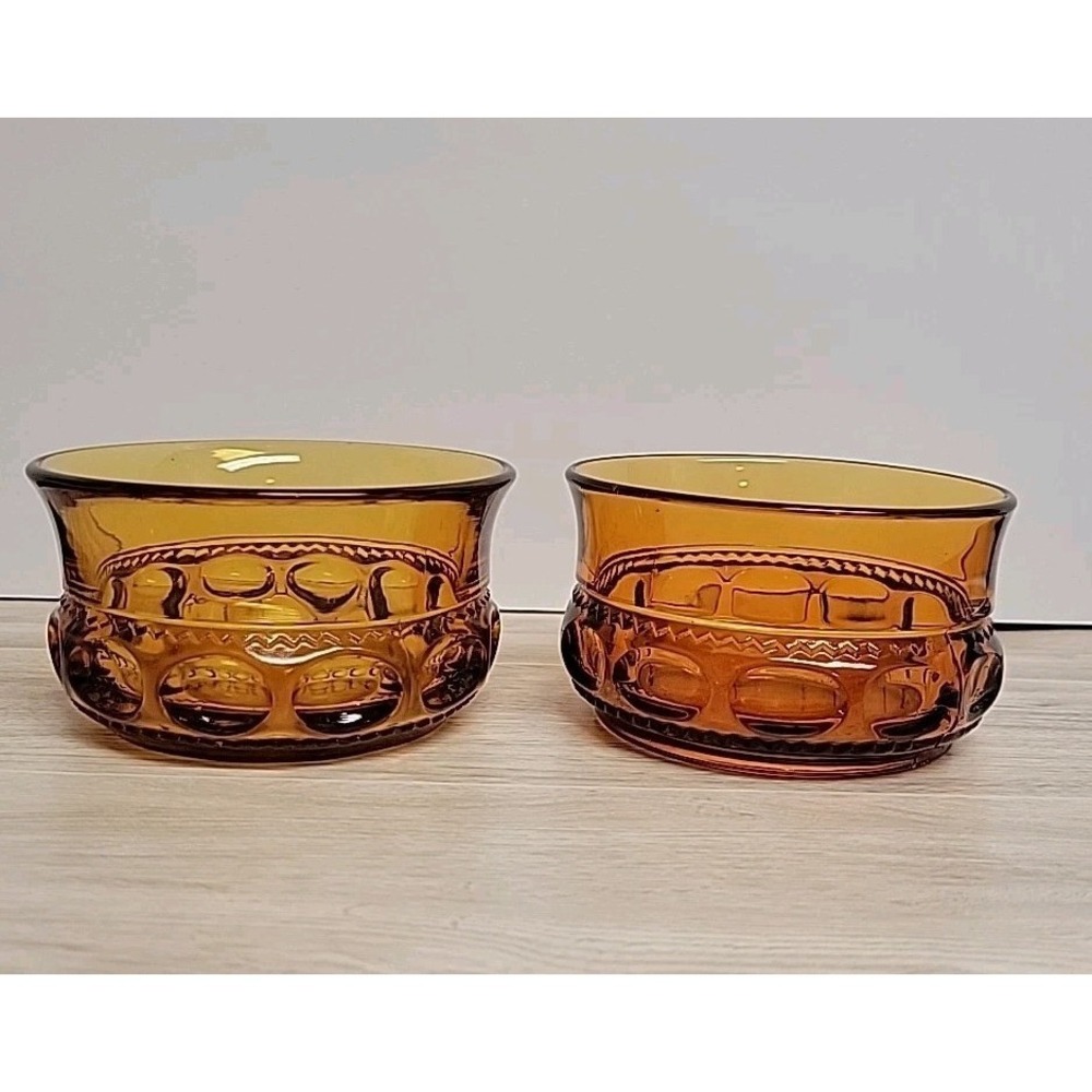 Indiana Glass Amber Bowl Thumbprint Decorative Press Approx 4.5"x 2" Set Of Two